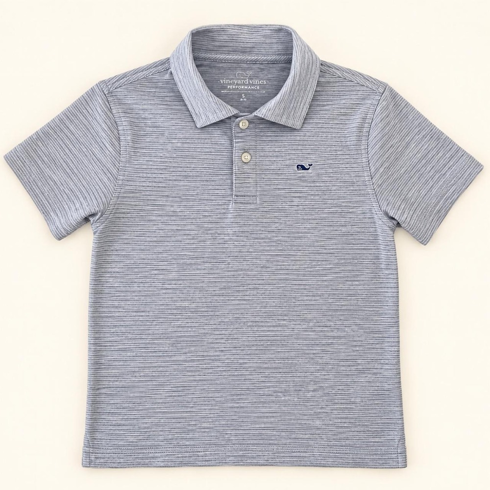 Vineyard Vines Boys Gray Striped Performance Polo — Small (8–10)